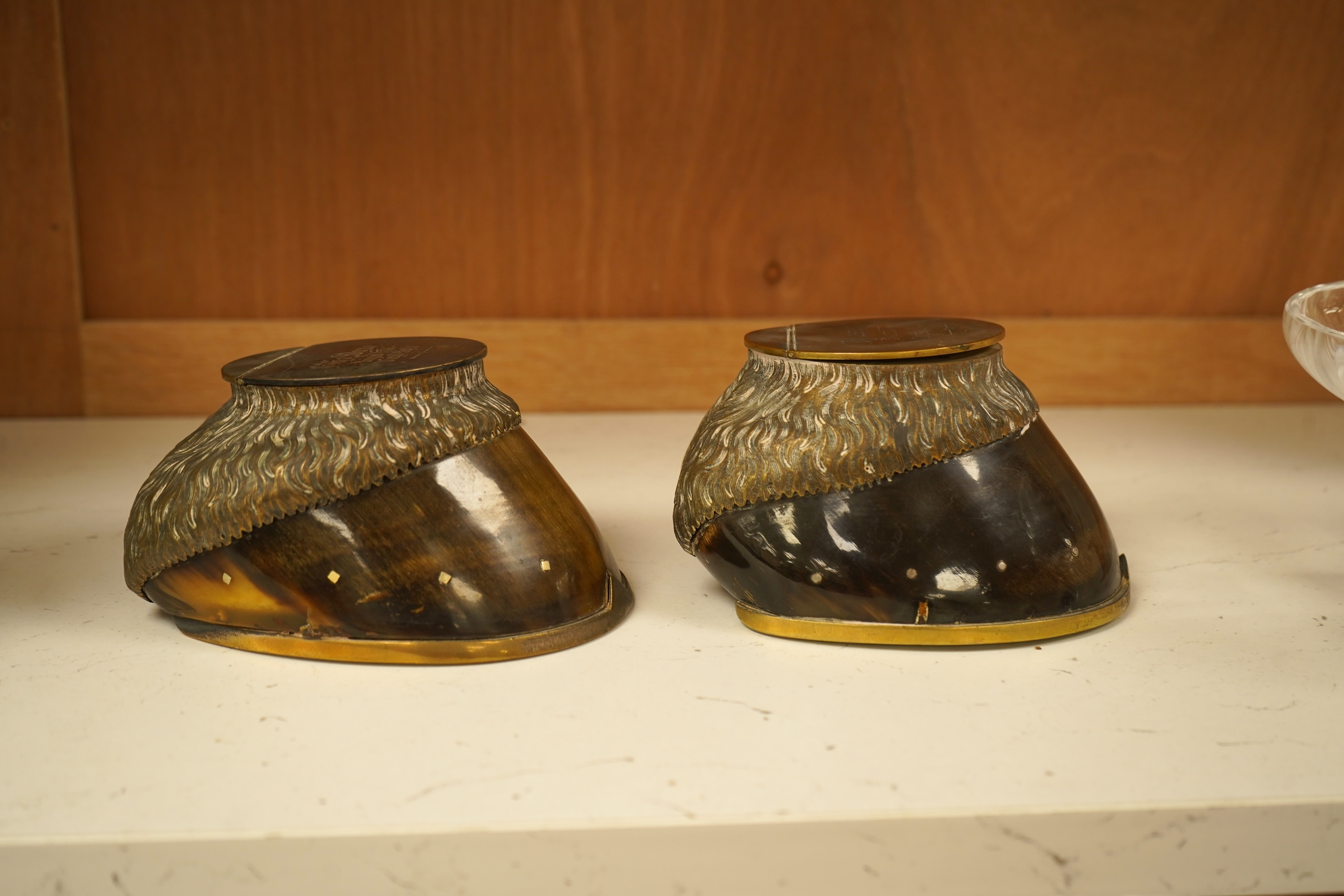 Two Victorian taxidermic horse hoof inkwells with inscriptions to the lids, 13cm wide
